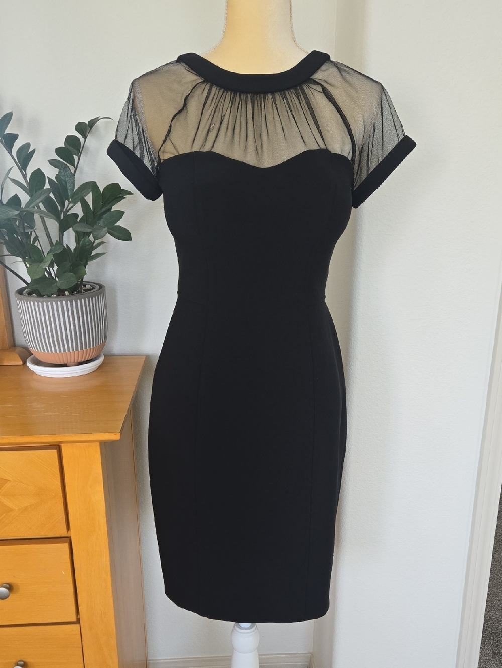 Maggy London Black Midi Dress with Sheer Mesh Yoke